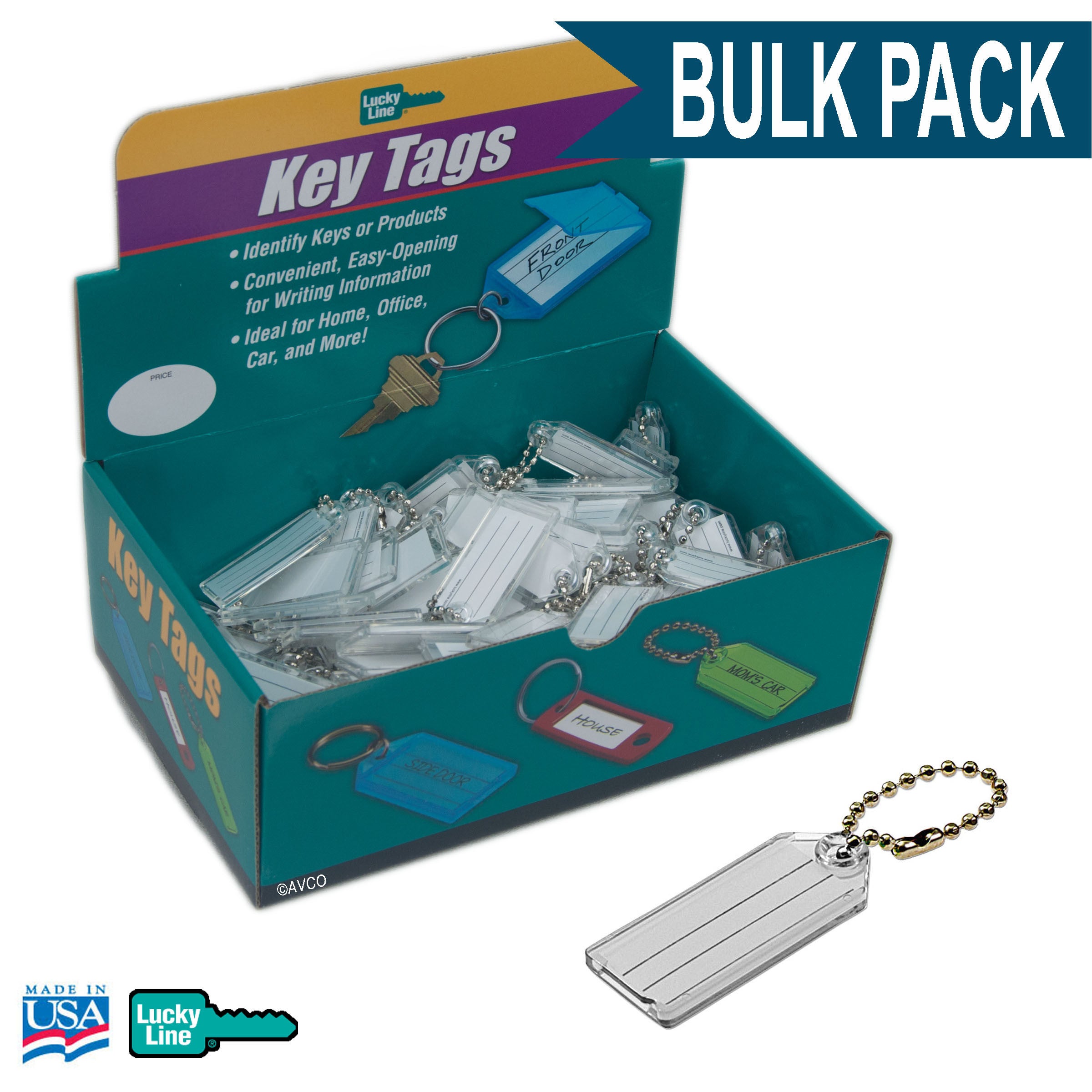 Standard Key Tag with Bead Chain CLEAR ONLY Bulk Pack of 100