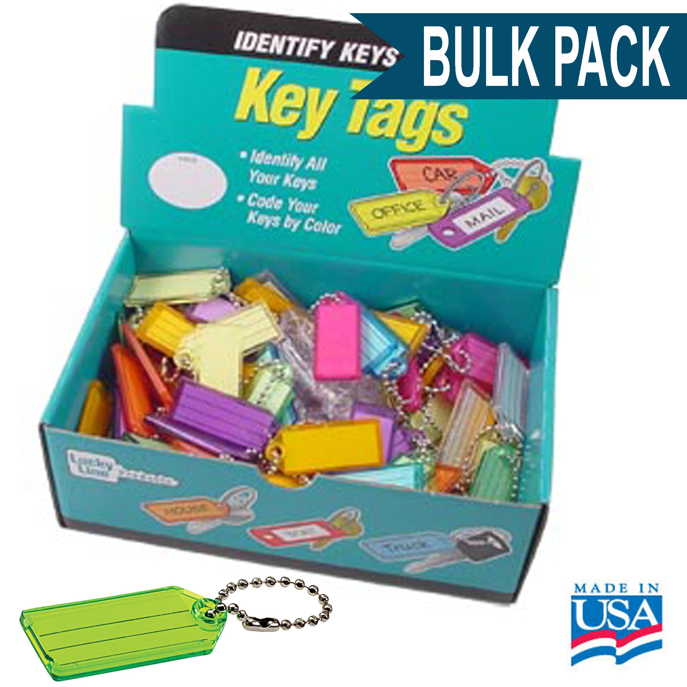 Standard Key Tag with Bead Chain Bulk Pack of 100 ASSORTED COLORS
